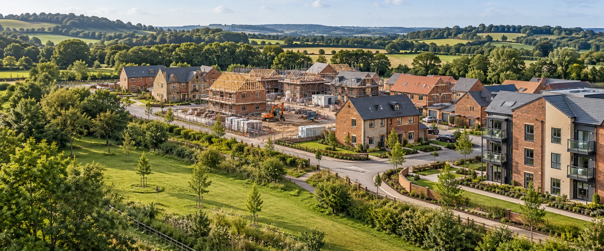 Aerial view of a residential development with homes under construction and completed housing
