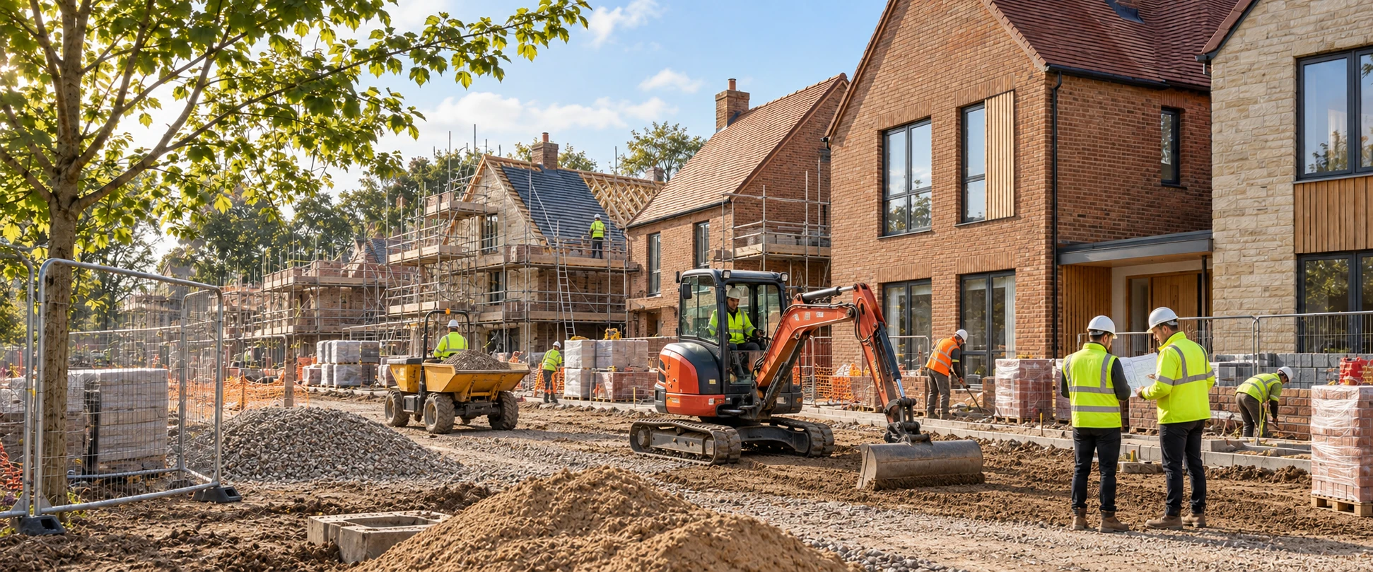 Illustrative residential construction site with homes at different stages of completion